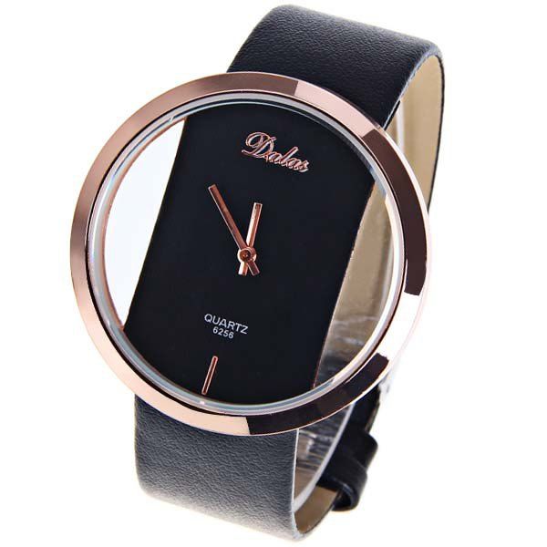 

Dalas Quartz Watch with Hollow-out Dial Leather Watchband for Women (Black)