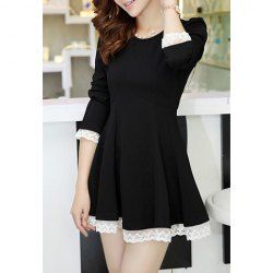 Ladylike Scoop Neck Lace Splicing Puff Sleeve Women's Dress -  