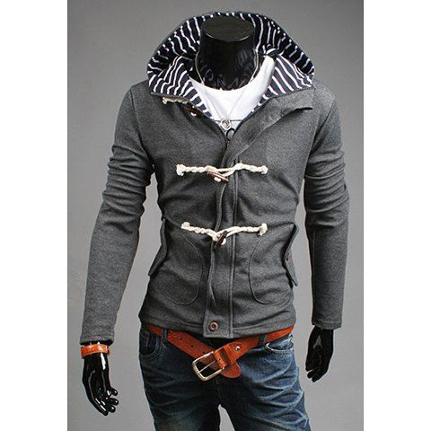 

Fashion Hooded Stripe Splicing Horn Button Embellished Long Sleeves Cotton Blend Coat For Men, Gray