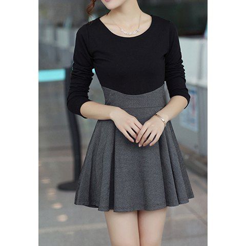 Sale Scoop Neck Color Matching Pleated Women's Long Sleeve Dress  