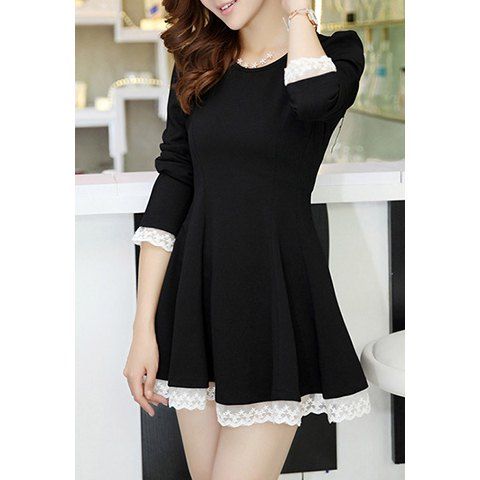 Fashion Ladylike Scoop Neck Lace Splicing Puff Sleeve Women's Dress  