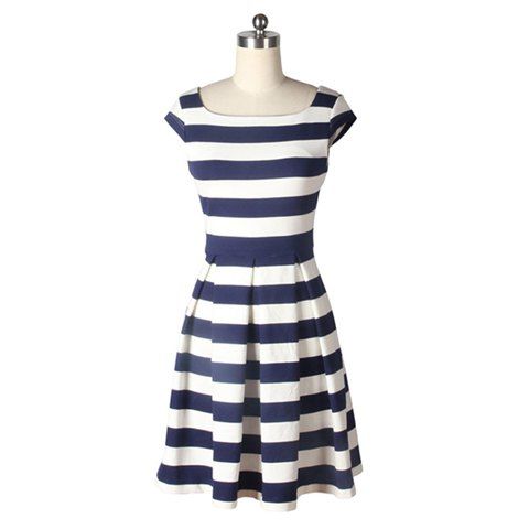 [30% OFF] Vintage Blue&White Stripe Cap Sleeve Pleated Dress For Women ...