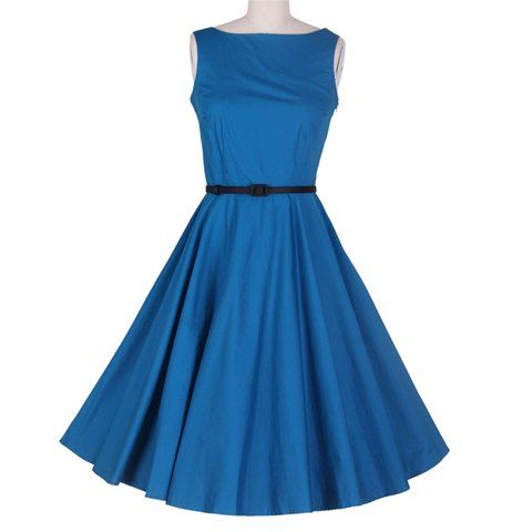 [62% OFF] Vintage Boat Neck Ruffled Sleeveless Blue Women's Dress With ...