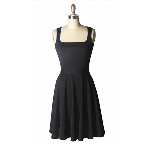 [38% OFF] Vintage Square Neck Sleeveless Black Pleated Dress For Women ...