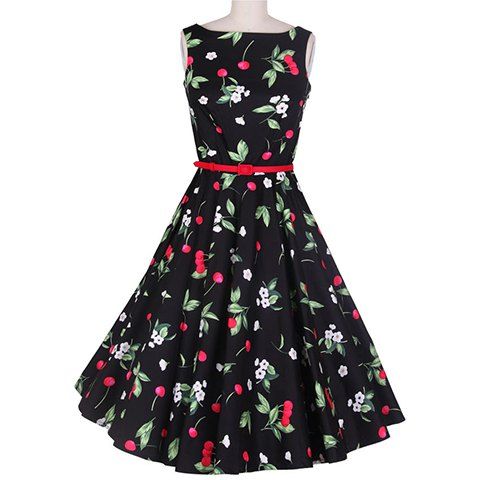 [39% OFF] Vintage Scoop Neck Sleeveless Cheery Print Pleated Dress For ...