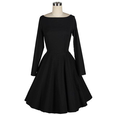 [49% OFF] Vintage Boat Neck Long Sleeve Black Pleated Dress For Women ...