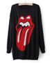 Casual Scoop Neck Red Tongue Print Long Sleeve Black Dress For Women -  