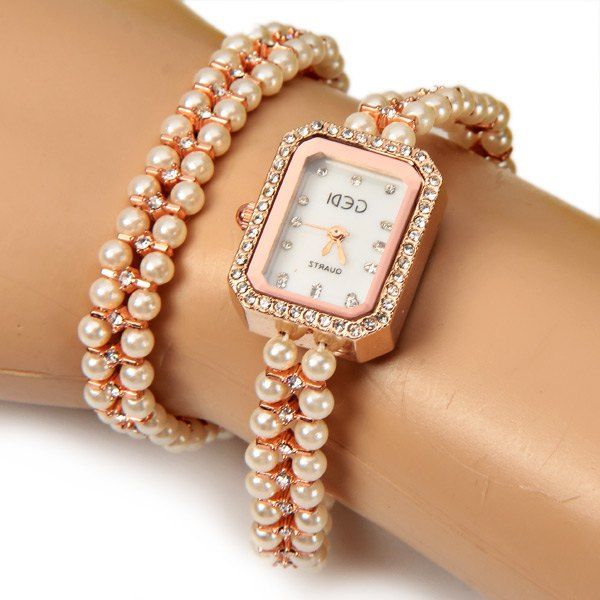 2018 Gedi Quartz Watch With Diamond Dots Indicate Pearl Steel Watch Band For Women In White