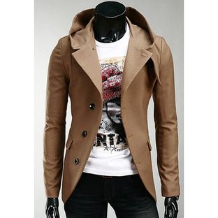 Korean Style Hooded Solid Color Single-Breasted Long Sleeves Men's Polyester Coat