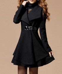 Solid Color Noble Style Worsted Turn-Down Collar Long Sleeves Women's Coat -  