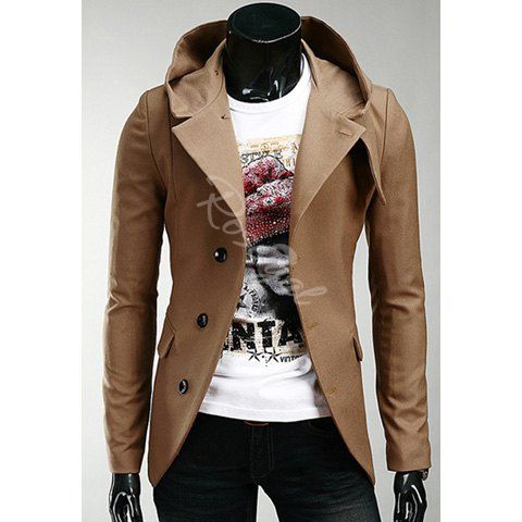 Discount Korean Style Hooded Solid Color Single-Breasted Long Sleeves Men's Polyester Coat  