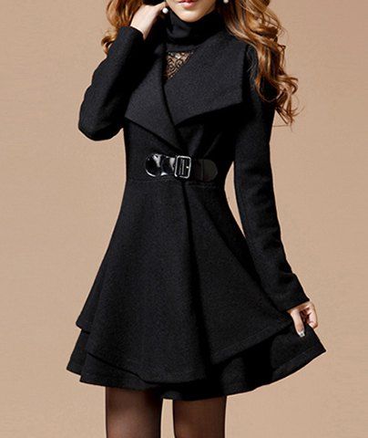 

Solid Color Noble Style Worsted Turn-Down Collar Long Sleeves Women's Coat, Black