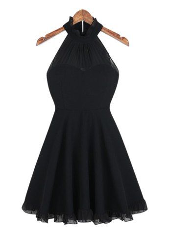 Fashion Ladylike Black Halter Waisted Women's Pleated Dress  