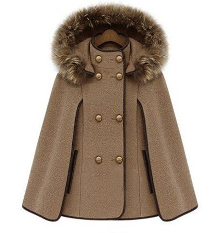 Cheap Trendy Detachable Hooded Cape-Style Worsted Solid Color Coat For Women  