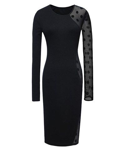 New Sexy Round Collar Polka Dots Lace Splicing Long Sleeves Black Bodycon Dress For Women  