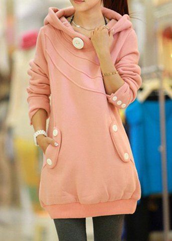 

Casual Hooded Button Pocket Splicing Long Sleeves Thickened Loose-Fitting Women's Hoodie, Pink