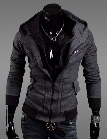 

Fashion Zipper Design Thicken Hooded Long Sleeve Slimming Cotton Blend Coat For Men, Deep gray