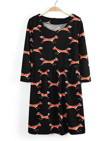 [25% OFF] Sweet Round Collar Fox Print Color Splicing Slimming Dress ...