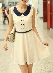 Ladylike Style Peter Pan Collar Sleeveless Button Embellished Drawstring Waist Women's Dress -  