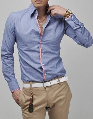 

Slimming Lapel Striped Hem Long Sleeve Cotton Blend Men's Casual Shirt, Blue