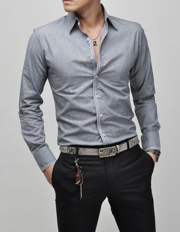 

Slimming Lapel Striped Hem Long Sleeve Cotton Blend Men's Casual Shirt, Gray