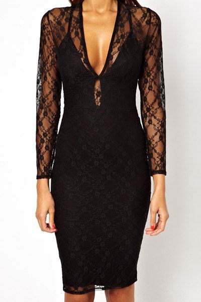 [48% OFF] Sexy Style Plunging Neck Long Sleeve Lace See-Through Bodycon ...