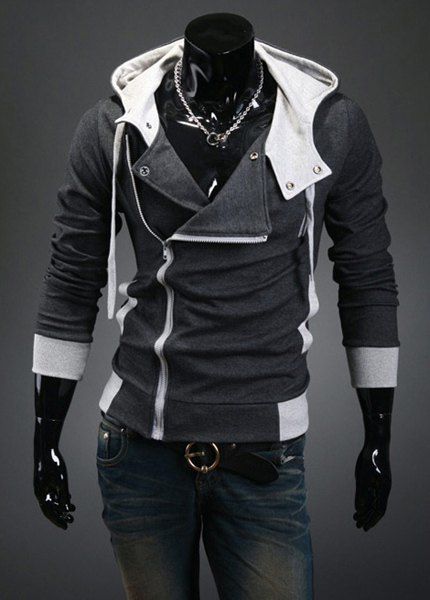 

Street Style Side Zipper Studs Long Sleeves Men's Polyester Hoodies, Deep gray