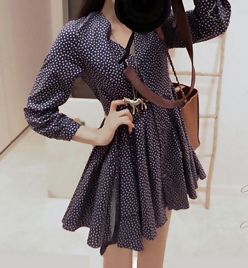 Chic Ladylike Style V-Neck Tiny Floral Print Pleated Women's Dress  
