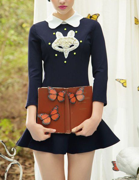 Outfit Vintage Doll Collar Animal and Floral Pattern Ruffles Long Sleeves Women's Dress  