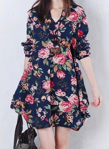 fashion casual v neck long sleeve print dress