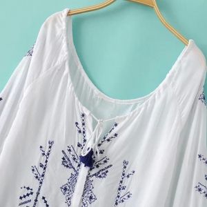 band collar loose fitting embroidery blouses