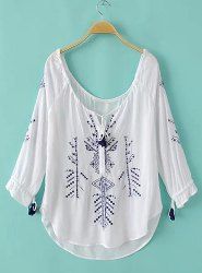 band collar loose fitting embroidery blouses