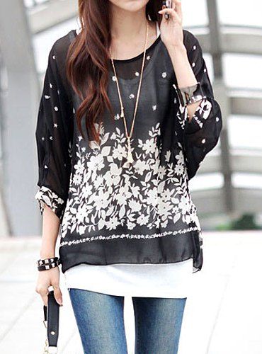 

Bohemian Scoop Neck 3/4 Batwing Sleeve See-Through Chiffon Women's Blouse, Black