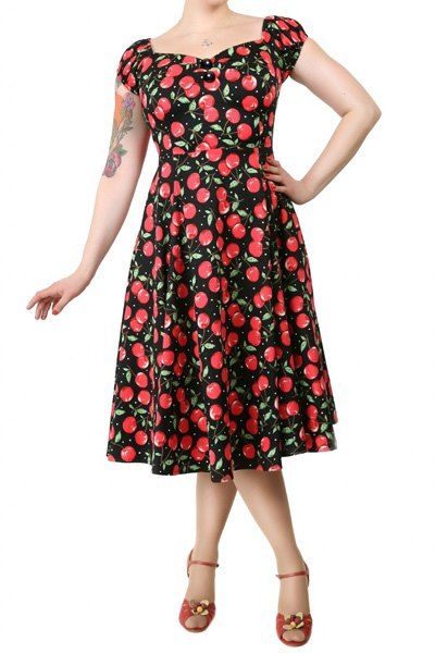 [26% OFF] Vintage Knee-Length Cherry Print Sweetheart Neck Puff Sleeves Women's Pleated Dress 