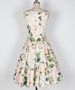 Vintage Floral Print Boat Neck Sleeveless Mid-Calf Women's Pleated Dress With Belt -  