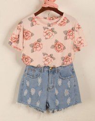 Trendy Floral Print Round Neck Short Sleeves Women's T-Shirt -  