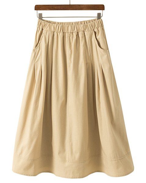 Khaki One Size Casual Style Solid Color Elastic Waist A-line All-match ...