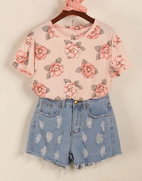 Outfits Trendy Floral Print Round Neck Short Sleeves Women's T-Shirt  