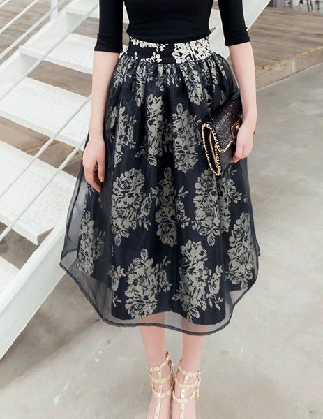 2018 Elegant Floral Print Organza Skirt For Women In Black L | Rosegal.com