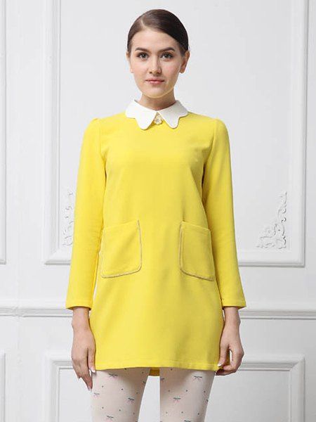 

Simple Design Peter Pan Collar Pockets Embellished Long Sleeve Cotton Blend Women' Dress, Yellow