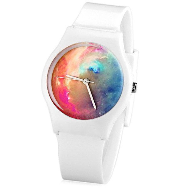 White Stylish Quartz Watch Oil Painting Pattern Analog Indicate Rubber