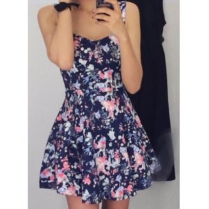 Blue L Sweet Sweetheart Neck Tiny Floral Print Sleeveless Women's ...