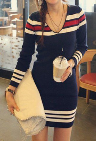 Deep Blue One Size Casual Style V-neck Long Sleeve Striped Splicing ...