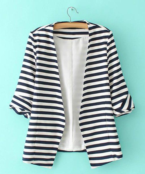 New Casual Style Collarless Stripe Print 3/4 Sleeve Women's Blazer  