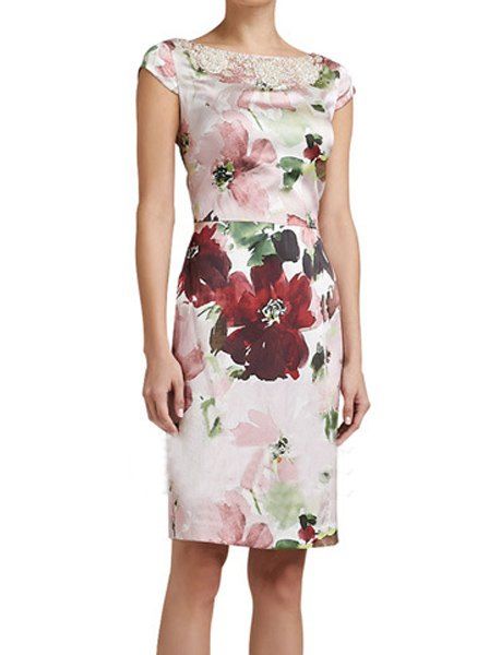 [10% OFF] Vintage Boat Neck Floral Printed Faux Pearl Embellished Dress ...