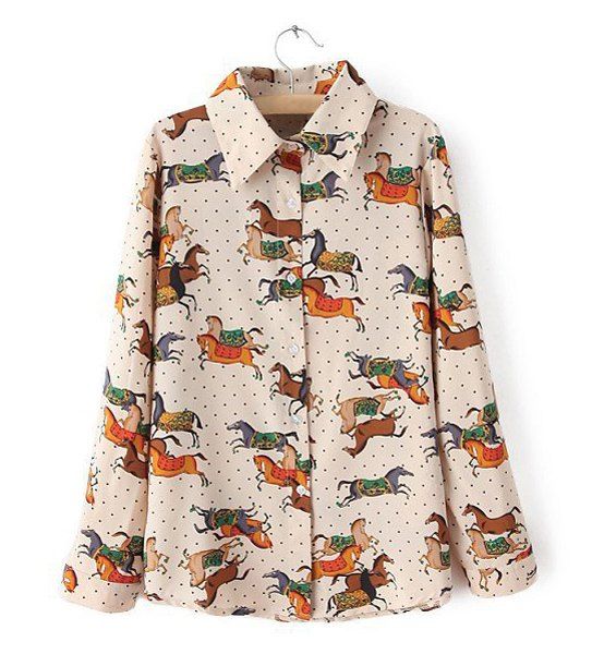 2019 Trendy Style Turndown Collar Horse Print Long Sleeve Women's