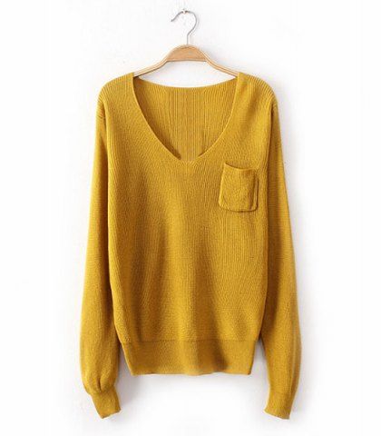 Yellow One Size Simple Style V-neck Long Sleeve Solid Color Pocket ...