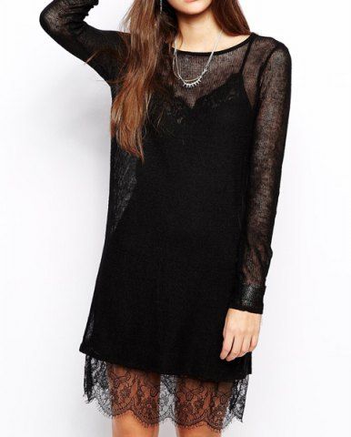 Black Xl Black Color Long Sleeve Round Collar See-through Design Women ...