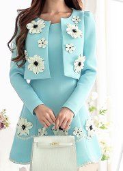 Vintage Solid Color Floral Embellished Sleeveless Dress and Jacket Suits For Women -  