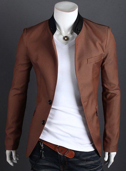 

Fashion Style Personality Color Block Lapel Slimming Long Sleeves Men's Cotton Blend Blazer, Camel